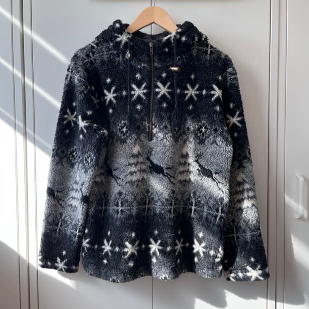 빈티지 겨울밤 풍경 눈꽃 후리스 집업 