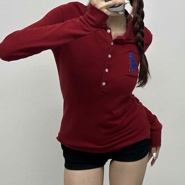 폴로 랄프로렌 딮버건디 여리핏 빅포니 5버튼 카라넥 슬리브 럭비티셔츠(S