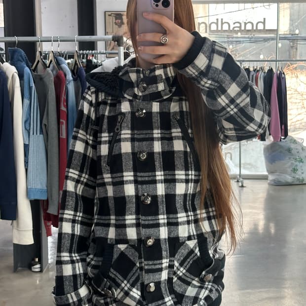 빈티지 Y2k 버튼 포켓 체크 롱점퍼
