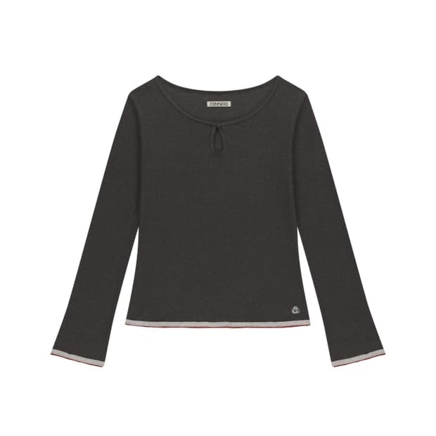 코이세이오 아일렛 레이스 롱슬리브 애쉬브라운 긴팔 티셔츠