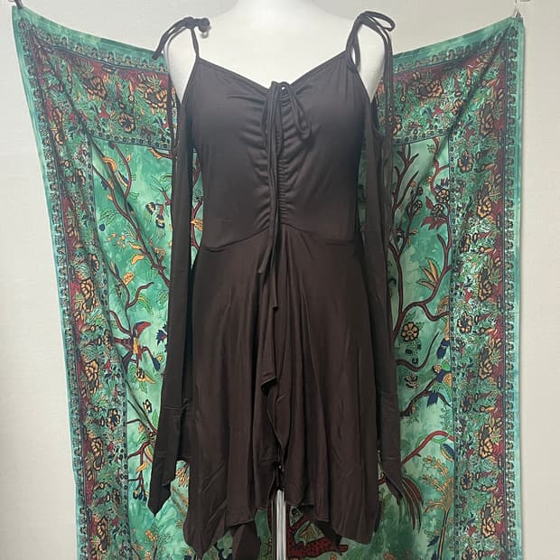 y2k 셔링 트임 언발 끈 긴팔 레이어드 미니 원피스 그런지 페어리 펑크