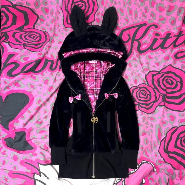 MA*RS마즈 블랙핑크 로즈체크 퍼 우사미미 후드집업 히메갸루 핀터대대장