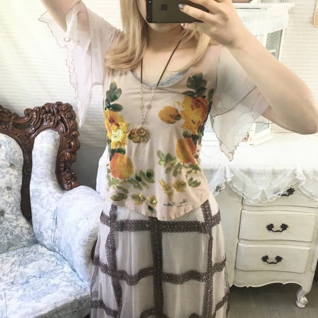 일본빈티지 핑크 페어리 쉬폰 비즈 블라우스