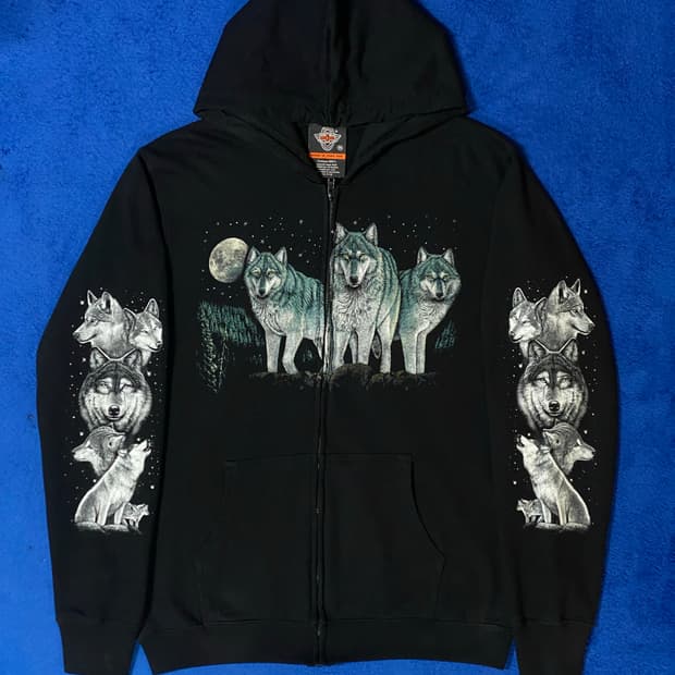 Rock Eagle 블랙 늑대 프린팅 후드 집업 M