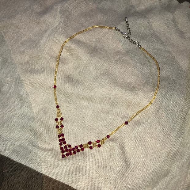 빈티지 핸드메이드 마젠타 옐로우 v자 목걸이 페어리 오리엔탈 모리걸
