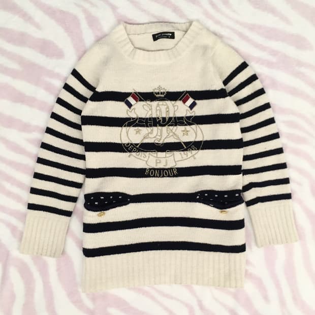폼포넷 스트라이프 프렌치 프레피 니트 프랑스 마린룩 헤이세이 갸루