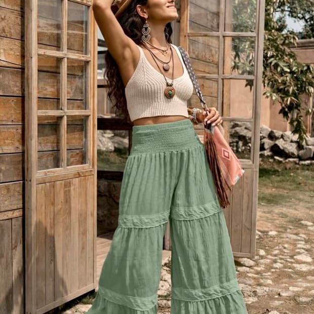 boho 보헤미안 히피 스타일 카키 롱 와이드 팬츠 캉캉 바지 빈티지