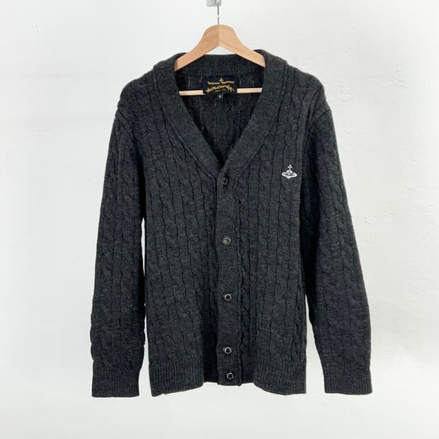 비비안 웨스트우드 다크 그레이 orb 로고 케이블 울 가디건