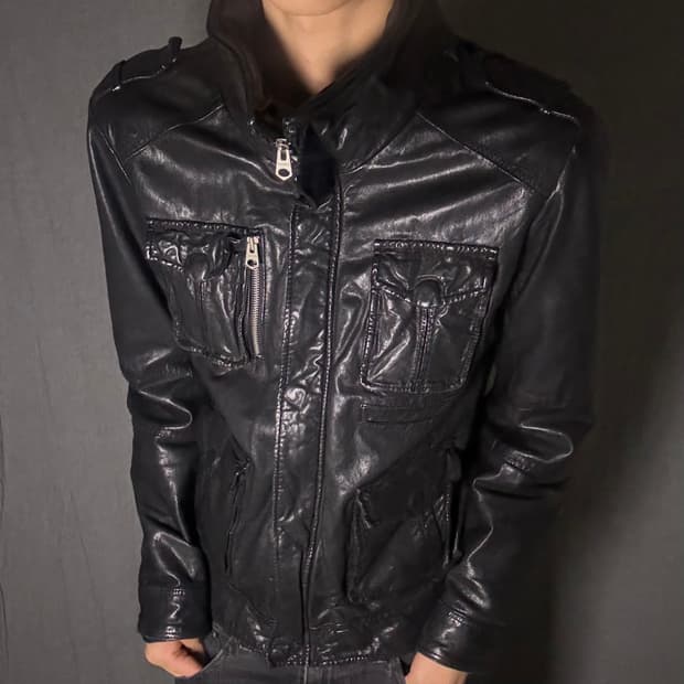 high neck lamb skin pocket jacket