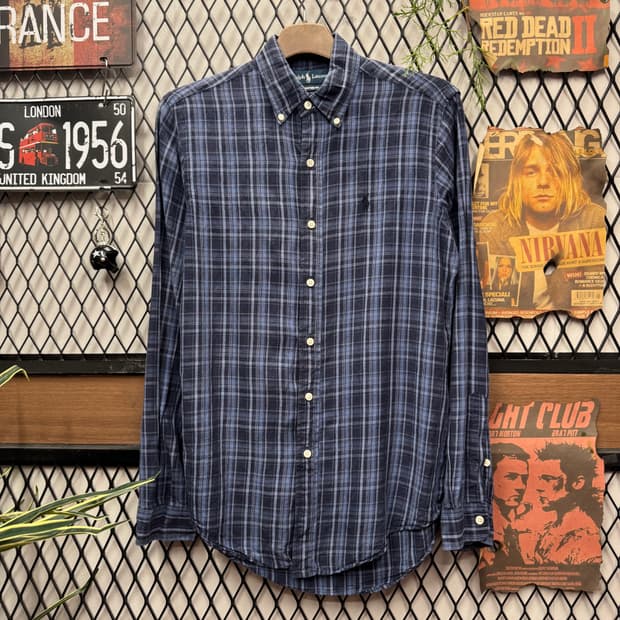 폴로 랄프로렌 긴팔 체크 셔츠 네이비 포니 로고 포인트 딥블루