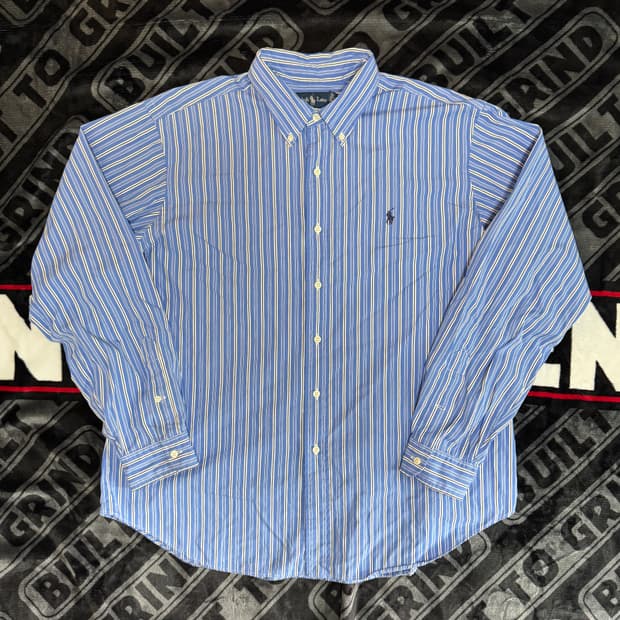 폴로 랄프 로렌 롱 슬리브 버튼 다운 셔츠 블루 화이트 스트라이프