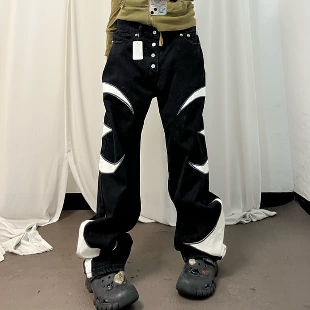 Thug Club black white leather denim pant