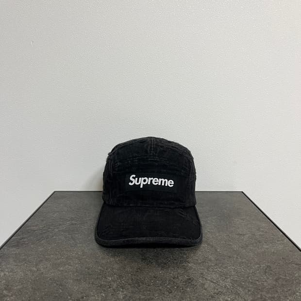 슈프림 프레이드 워시드 데님 블랙 박스로고 캠프캡 모자