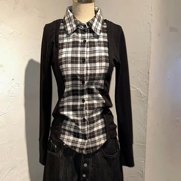 리즈리사 체크 셔츠 레이어드 티셔츠 갸루