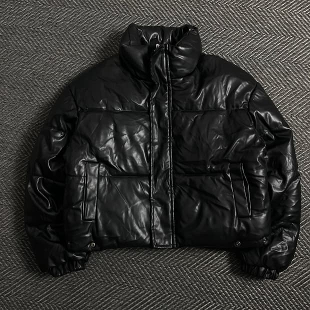 빈티지 우먼스 블랙 비건 레더 패딩 점퍼o 4287
