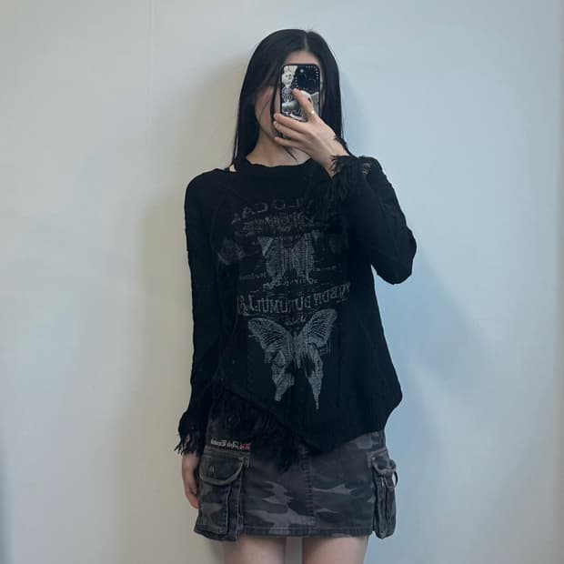 Japanese vintage 펑크 지뢰계 데미지 블랙 니트 스웨터