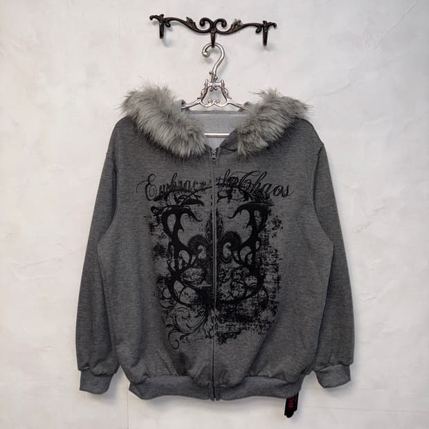 Romwe gray gothic printed fur hood zipup