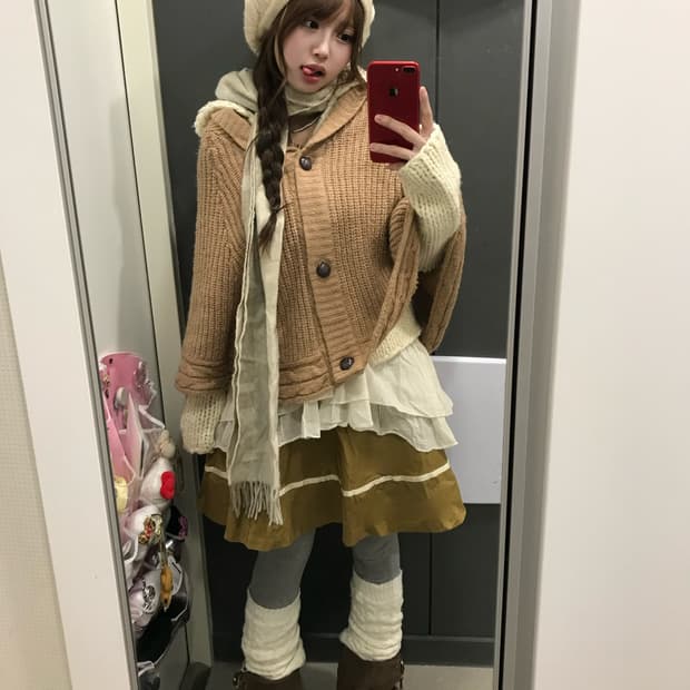 베이지 사와코 케이프 가디건 니혼진 코디세트