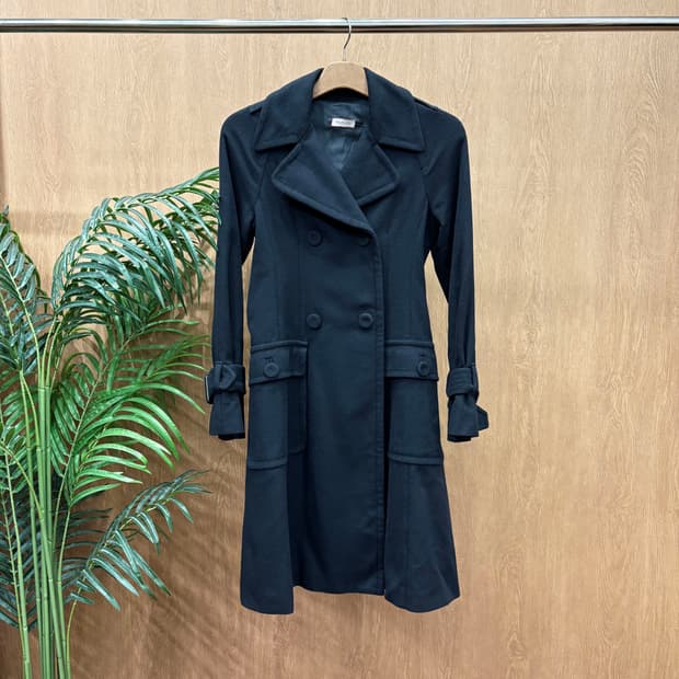 막스앤코 롱 코트 더블 브레스티드 커프스 노치드 라펠 벨트 디테일 블랙