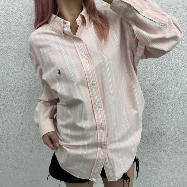 폴로 랄프로렌 옥스포드 화이트 스트라이프 딸기우유맛 셔츠 L