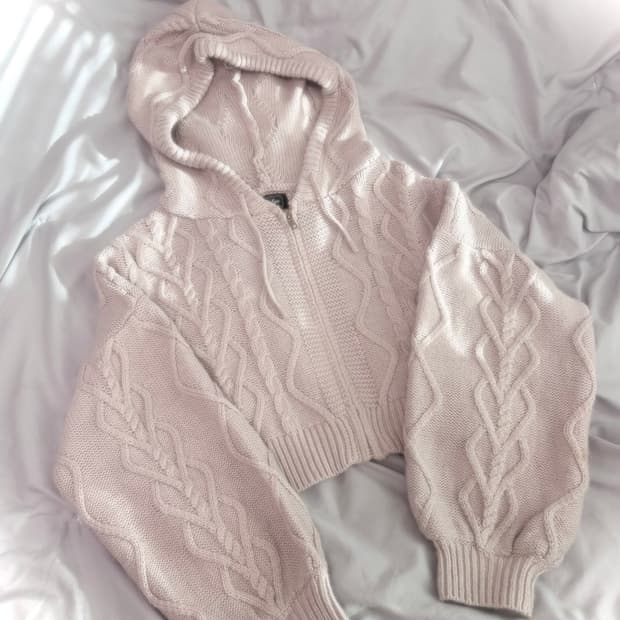 빈티지 요거트핑크 크롭 하트짜임 니트 후드집업 모리걸 하구미 샵페어리