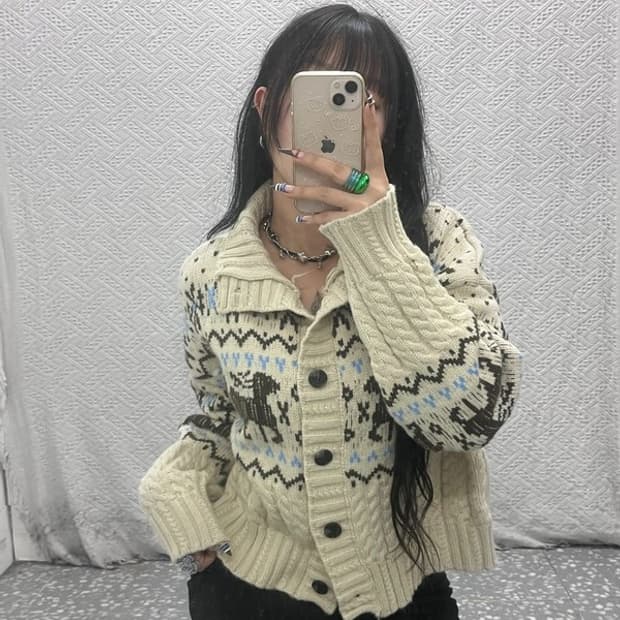 빈티지 폭닥 여리 노르딕 코위찬 크림 니트 뜨개 가디건 L C07919