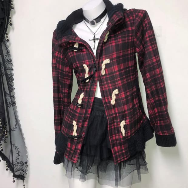 하이넥 레드 타탄체크 나나펑크 떡볶이 투웨이 집업 00s