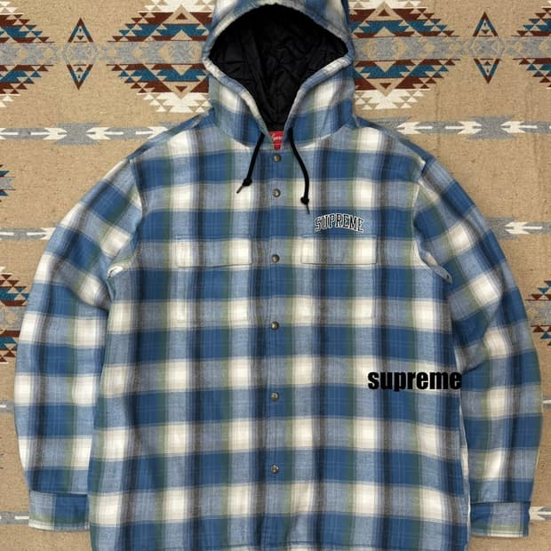 [M] 슈프림 퀼티드 후디드 플레이드 셔츠 블루