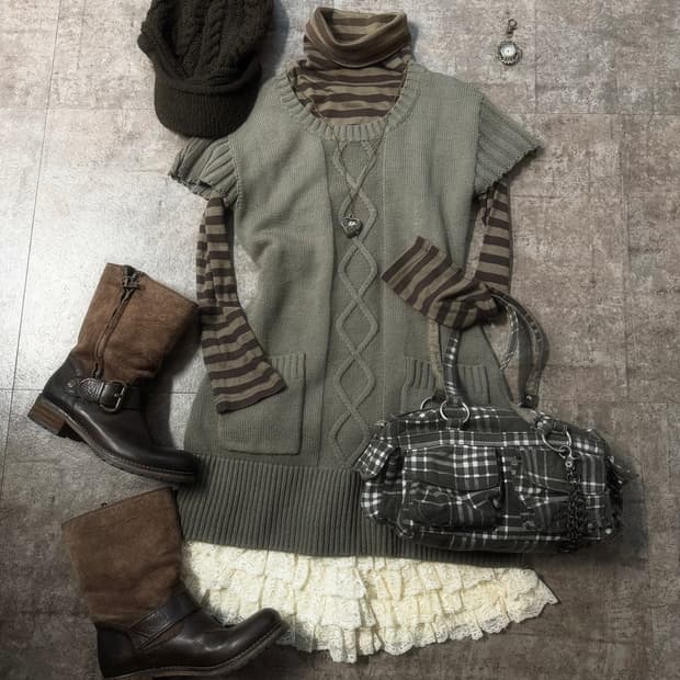 케이블 니트 스트라이프 패턴 레이스 프릴 큐롯팬츠 3pcs SET