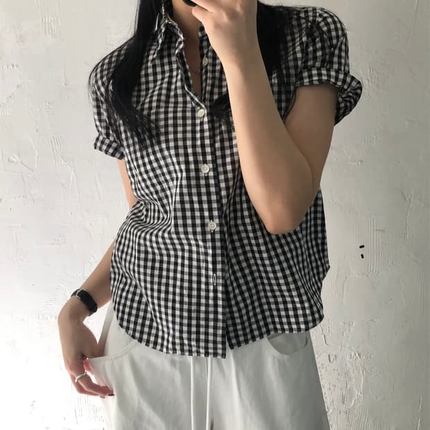 꼼데가르송 트리콧 깅엄 체크 반팔 셔츠 