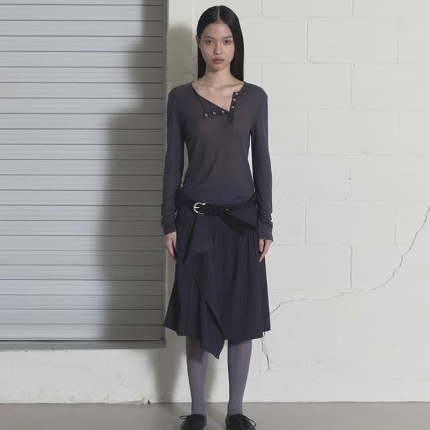 오데스 드레이프 프릴 미디 스커트 스트라이프 1사이즈 새상품