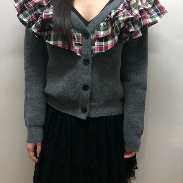 빈티지 그레이 체크 프릴 레이어드 가디건
