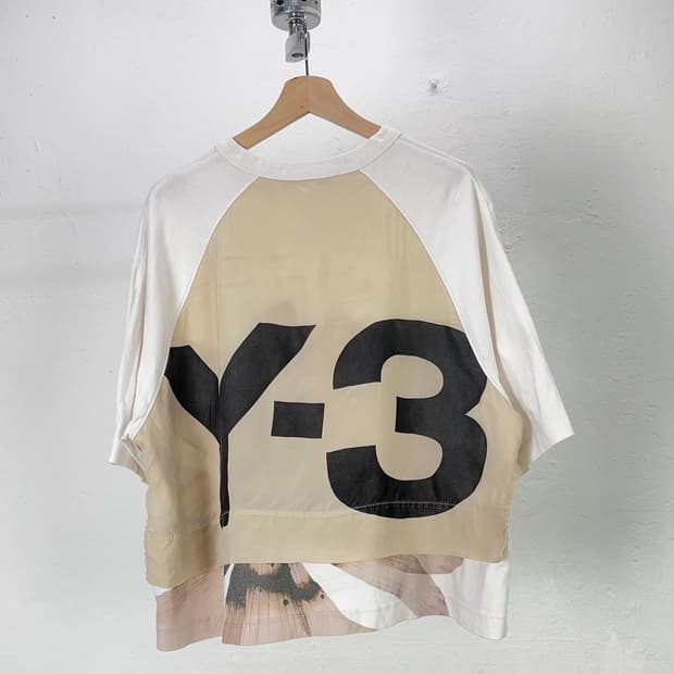 y-3 21ss 베이지 플로럴 그래픽 로우 하프 티셔츠