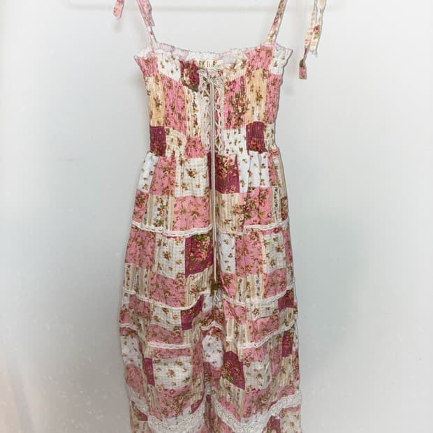 일본 빈티지 핀터깔 딸기우유 패치워크 원피스