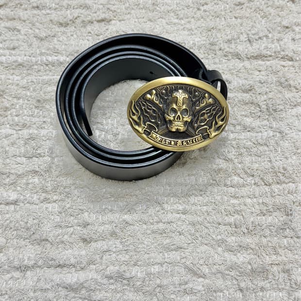 •Vintage 해골 버클 가죽 벨트 블랙