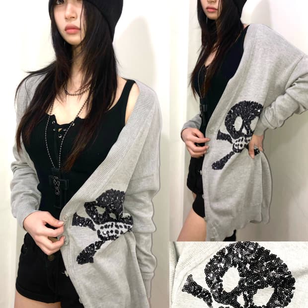 gray skull sequin cardigan