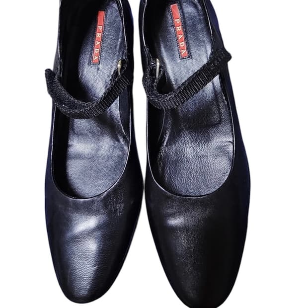 Prada 프라다 블랙 레더 가죽 메리제인 플랫슈즈 해