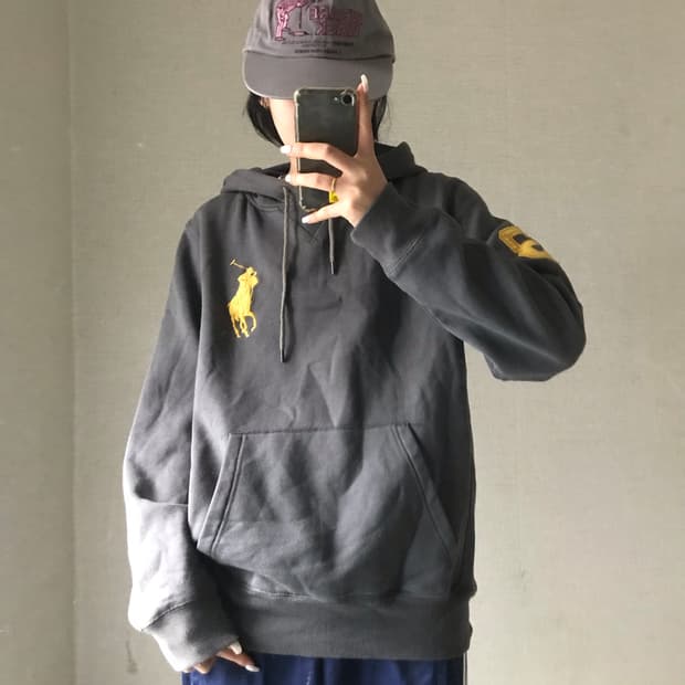 폴로 그레이 빅포니 후드티