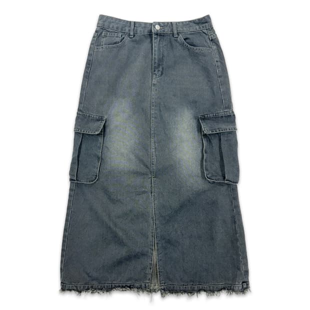 빈티지 블루 카고 데님 롱 스커트