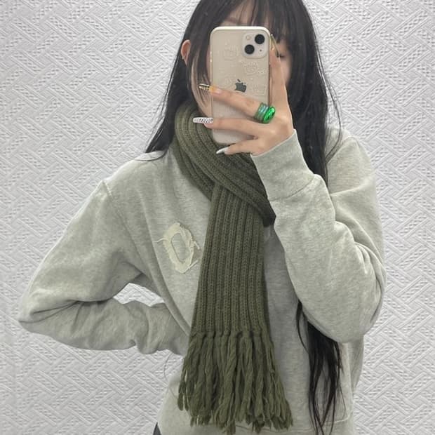 빈티지 올리브 말차 카키 니트 뜨개 목도리 C08036