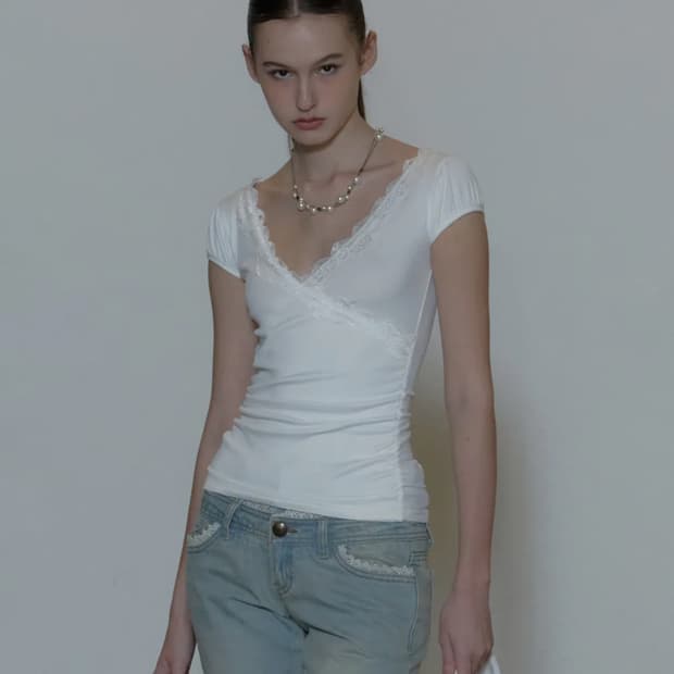 스컬프터Lace Trim Wrap Tee White