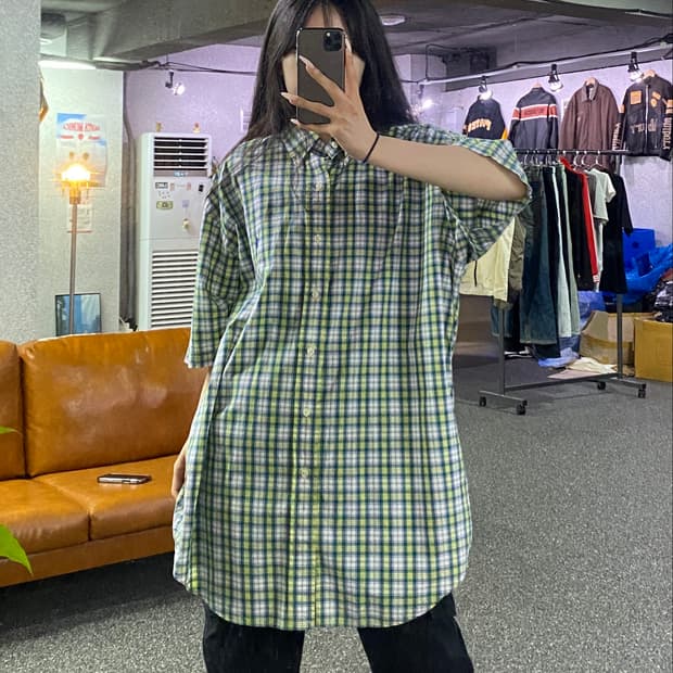 폴로 랄프로렌 그린 타탄 체크 패턴 반팔 셔츠 B5131