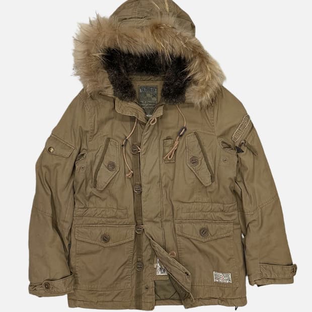 beige military fur hood parka