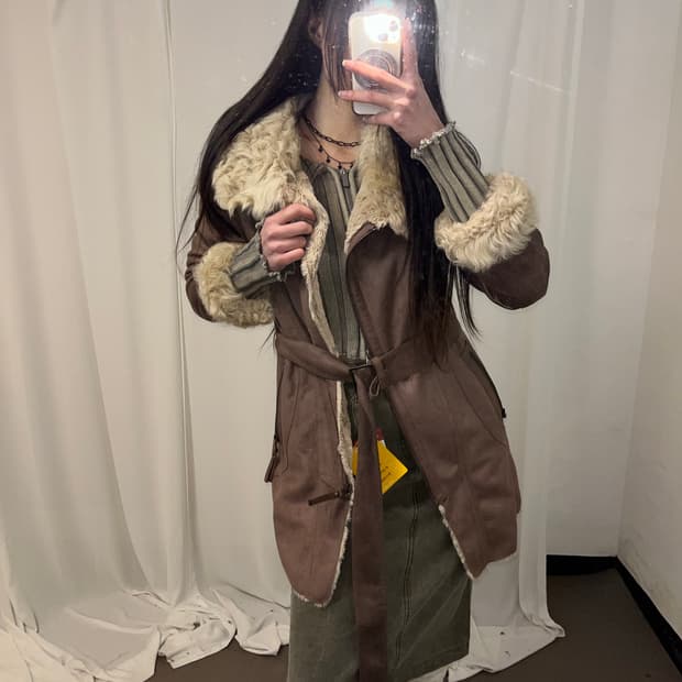 베이지 브라운 리얼 램 퍼 무스탕 코트 