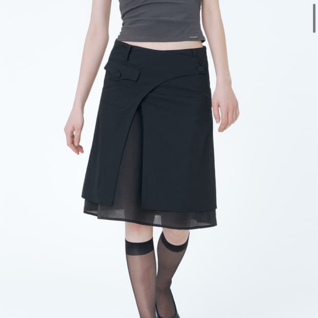 Side sheer layered midi wrap skirt BLACK