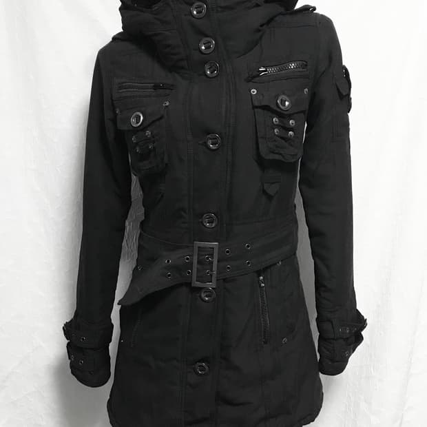 빈티지 펑크 벨트 디테일 후드 버튼 자켓