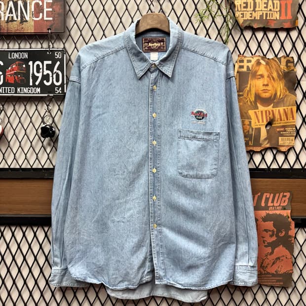 90s 하드락 카페 데님 셔츠 전면 원포켓 로고 포인트 연청
