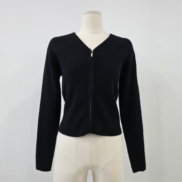 mamian 울100% 블랙 골지 집업 니트 가디건 