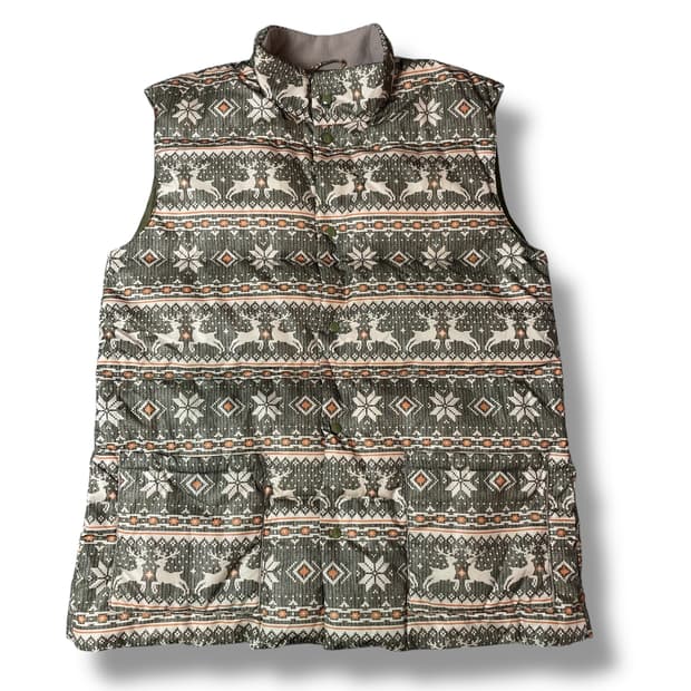 빈티지 에스닉 패턴 카키 베스트 패딩 조끼 L