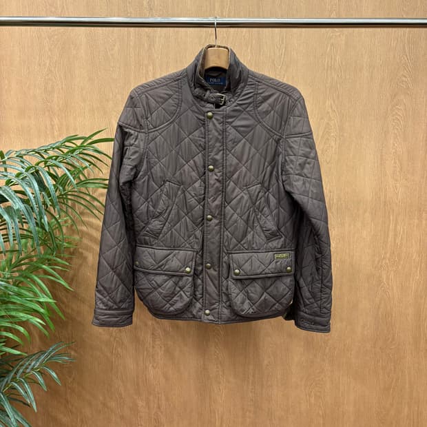 폴로 랄프로렌 퀄팅 필드 자켓 넥 버클 벨트 허리 스트랩 디테일 브라운